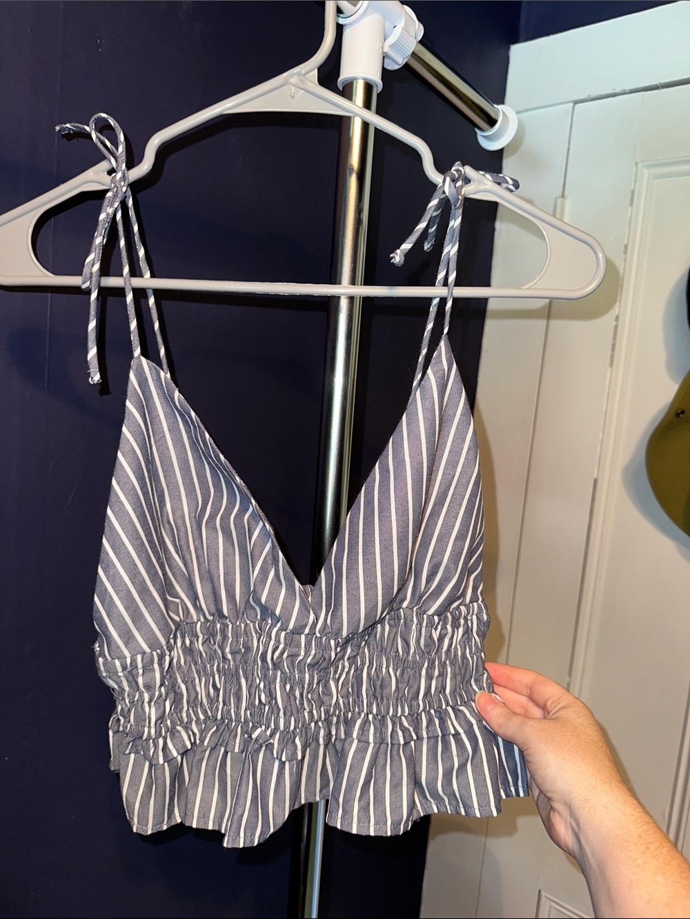 Striped Tie-Shoulder Smocked Crop Top - Blue
